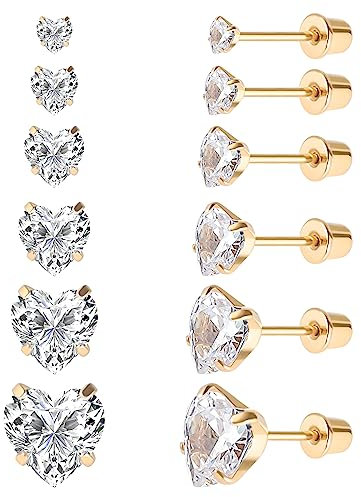 Lot de 6 paires de clous d'oreilles en acier inoxydable chirurgical avec vis arrière plaqué or 18 carats en forme de cœur, étoile, carré, coupe princesse, rondes, zircons cubiques blancs, pour femme,