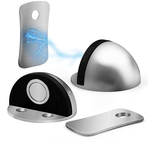 Joeji's 2pcs Set Magnetic Doorstops - Door Stoppers Protector for Floor with Magnetic Door Catch - Heavy Duty Door Stopper - Durable Stainless Steel - Silver