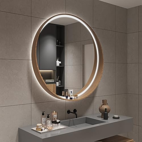 Beleuchteter Spiegel Mit Holzrahmen, Runder LED-Badezimmerspiegel, Beleuchteter Wandkosmetikspiegel, Schminkspiegel Mit Berührungssensor, 3-farbig Dimmbares LED-Licht, IP44 ( Color : Wood color , Size