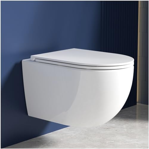 Rainsworth WC suspendu sans bord – Cuvette murale à 360° Superspin – Cuvette et abattant de WC avec système d'abaissement automatique – Blanc