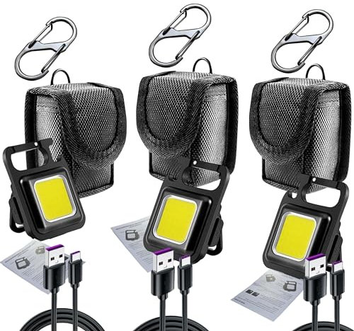 TradeProvider® x3 Cob Mini Flashlight 3000Lumens, x3 Belt Bag with x3 Hook Carabiner, 4 Light Modes, Pocket Keychain Bright Rechargeable, Emergency LED Work Torch and Bottle Opener (3 pcs)