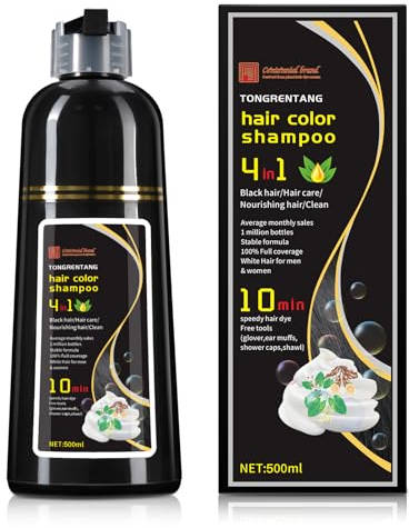 Schwarz Haarfärbeshampoo,100% Deckkraft für Weißes Haar für Damen und Herren, Haarfarben-Shampoo 4 in 1,Langanhaltende Professionelle Haarpflege 500 ml