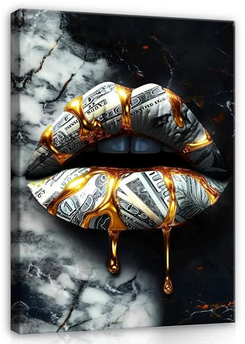 Bilder Lippen Motivation Geld Abstrakt Frau Gold 100x75 cm - Modern Leinwandbild Groß XXL Wohnzimmer Schlafzimmer Wandbild Kunstdruck Wandbilder Canvas Desing Wand Bild auf Leinwand Aufhängefertig