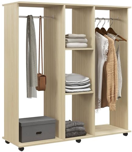 HOMCOM Armoire penderie Meuble de Rangement Mobile 6 roulettes 120L x 40l x 128H cm en Bois Naturel