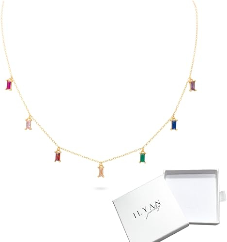 ILYAN Choker Kette Gold Rainbow 925 Silber, 18K vergoldet - Bunte Zirkonia Halskette, edler Schmuck für Damen mit Schatulle