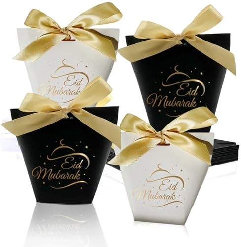 SEKESOER Set mit 24 Eid Mubarak Geschenktüten für Ramadan, Festliche Eid Mubarak Geschenktüten, Muslimische Geschenktüten mit goldenen Bändern für Ramadan Geschenke, Eid Mubarak Party Dekoration