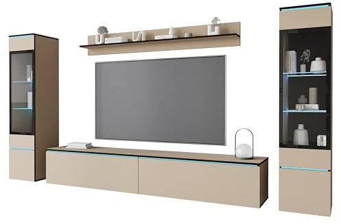 MINIO go for it - Ensemble Meuble 4 pièces Veve 2 I Suspendu ou Debout I 2X Armoire Haute-Vitrine I Buffet Mural I Panneau de Particules stratifié I Éclairage LED I Congo/Bord - Noir Graphite