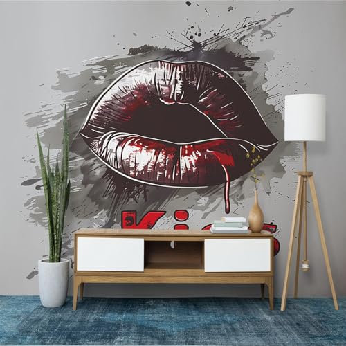 Murals Photo Wallpaper Artistic Red Lips Wallpaper 400 x 280 cm (W x H), Grey Mural Wall Art Poster Picture, Boy Girl Bedroom Gift Decoration Wall Sticke