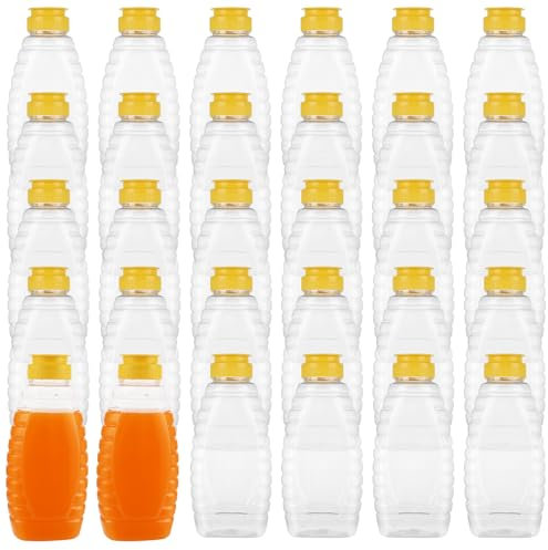 FVIEXE Lot de 30 bouteilles de miel en plastique vides de 473,6 g avec couvercle à rabat jaune pour le stockage et la distribution du miel