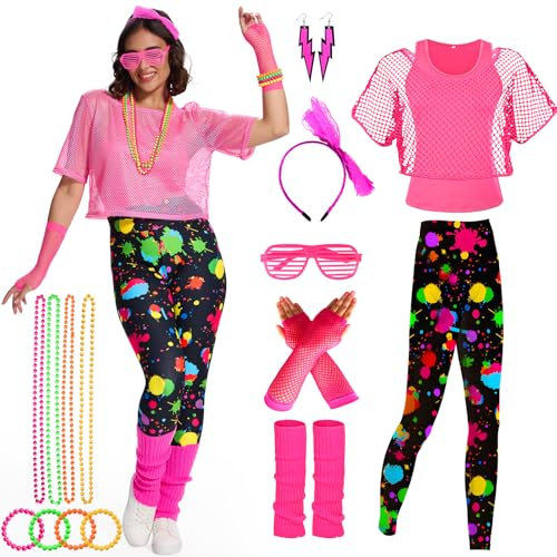 Ulikey 80er 90er Jahre Outfit Damen, Kostüm Mit Bunten Leggings, Aerobic Zubehör Set - Gläser, Halskette (Pink Schwarz, XL)