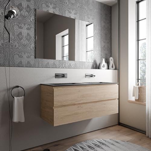 BERNSTEIN Badmöbel-Set Ava 120cm bestehend aus Mineralguss-Doppel-Waschbecken mit Unterschrank in Eiche honiggold, Waschtisch CREAM - Schwarz matt ohne Hahnloch, Ideal für große Bäder