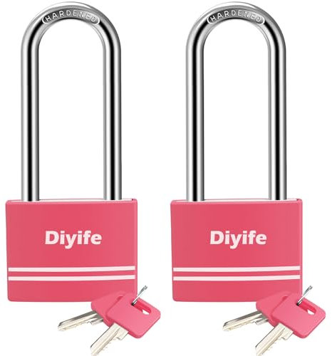 Diyife Aluminum 7mm Long Shackle [2 Pack] 4 Keys Anti-Rust Key Padlocks, Outdoor Weatherproof Lock, 40mm Locker Padlocks for School, Gym Locker, Gate, Garage, Shed (Pink)