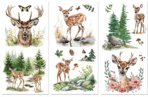 Peacoblue UV DTF Rub-On Transferfolie Möbel-Sticker Waldhirsch Muster 15x30cm, 3 Stk. Wasserfeste Deko-Transferaufkleber für Möbel Glas Gläser Porzellan Wäscheschränke Kommoden Holz Kunststoff