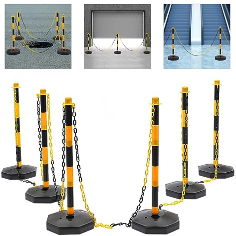MEELRYD Lot de 6 poteaux de délimitation, système de guidage des personnes pour restaurant, aéroport, avec 5 chaînes, support de délimitation, jaune