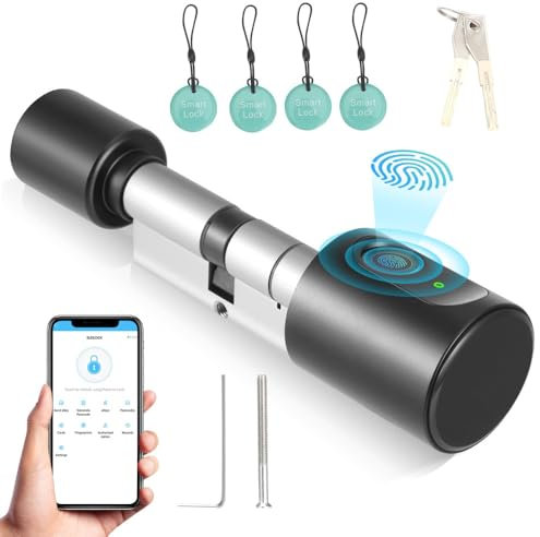 Türschloss Fingerabdruck Smart Elektronisches Fingerprint Schloss Elektronischer Schließzylinder für Türen von 60 mm, Mit Fingerabdruck, 4 IC-Karte, 2 Schlüssel, Smartlife/Tuya App, Bluetooth