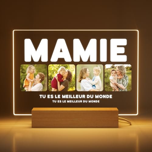 Greatminer Cadeau Mamie avec Photo et Dédicace - Idée Cadeau Fête des Grands-Mères Anniversaires - Cadre Photo Mamie Personnalisé - Verre Acrylique 18x14 cm avec Option de Socle LED