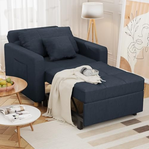 UNIONLINE Einzel-Sofasessel, grau, Schlafsofa, Stuhl, Bett, ausziehbar, 3-in-1, Verstellbarer Schlafsessel, Bett mit Seitentasche, kleines Zimmer/Wohnzimmer/Wohnung (Blau, 91cm Breite)