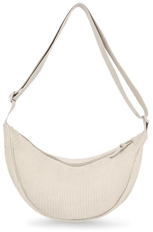 Bieiyhe Borsa a Tracolla a Mezzaluna da Donna,Borsa Marsupio Donna,Borsa a Tracolla in Velluto a Coste,Halfmoon Bag,Crossbody Bag,Borsa a Spalla con Tracolla Regolabile,Borsetta a Mano -Bianco