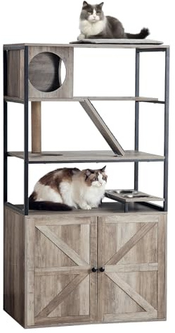 Kratzbaum mit Katzenklo Schrank, Kratzbaum Holz mit Lagerregal & Futternapfhalterung, Weiches Kissen auf der Oberseite, Multifunktions Kratzbäume für Katzen, 150x80x53 cm (Grau)