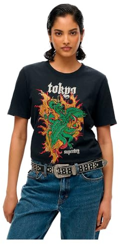 Superdry Damen Neo Trad Tattoo T-Shirt mit lockerer Passform Tiefschwarz Strukturiert 42