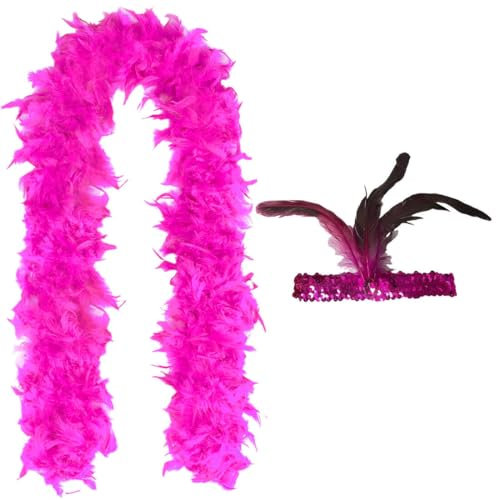 NHQ Boa Piume Rosa Rossa,2 M,Con Cerchietto per Capelli con Piume di Paillettes Rosa Rossa,Vestiti Anni 20,Piume Rosa,Piume Decorative,Decorazione Sciarpe per Festa in Abito da Sposa,Carnevale