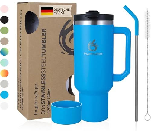 hydro2go® 1200ml/40oz Thermobecher, Kaffeebecher to Go, Isolierbecher mit Griff & Strohhalm, Reise- & Autobecher, Tumbler für Heiß- & Kaltgetränke (Ocean, 1200 ml) | Isolierter Thermobecher 1200 Ml Mit Griff Und Strohhalm; BPA-frei, Spülmaschinenfest, Für Heiße Und Kalte Getränke, Alltag