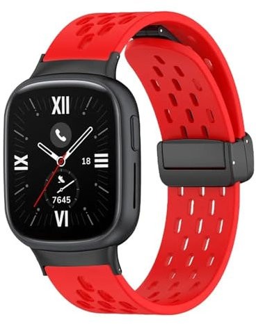 Bracelet en Silicone pour Honor Watch 4, Bracelet magnétique pour Montre connectée Honor Watch 4 (Boucle Marron-Argent) (Honor Watch 4 Rouge)