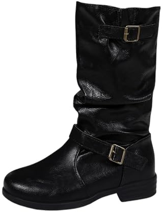 FGUUTYM Stivali occidentali da donna, con fibbia, stile retrò, medievale, con chiusura lampo, tacco a blocco, per le mezze stagioni, Nero , 35 cm EU
