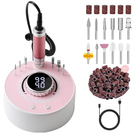 Qinvone Nagelfräser Elektrisch 40000 U/min – Bürstenlosem Motor Professionelle Elektrische Nagelfeile für Gelnägel, Maniküre Pediküre Set mit 12 Aufsätzen, Nagelfräser für Acryl & Naturnägel (Rosa)