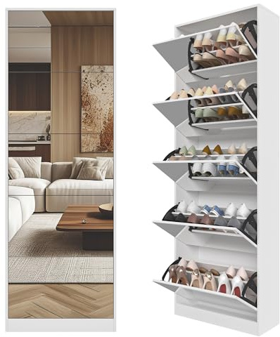 Zapatero con espejo blanco con 5 cajones plegables, para ahorrar espacio, para 30 pares de zapatos, zapatero independiente con espejo de 3 mm para entrada, MDF Madeira