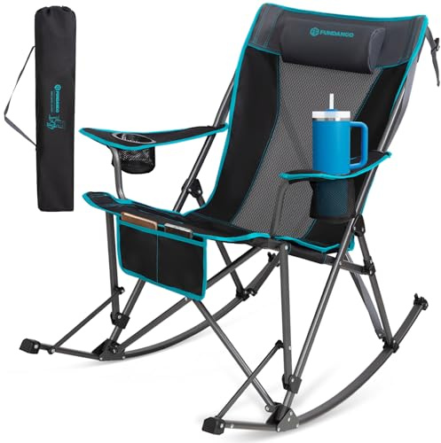FUNDANGO Klappbarer Camping Schaukelstuhl, Tragbarer Outdoor Rocking Chair mit Kopfkissen, Robuster Klappstuhl für Garten, Strand, Reisen bis 200 kg