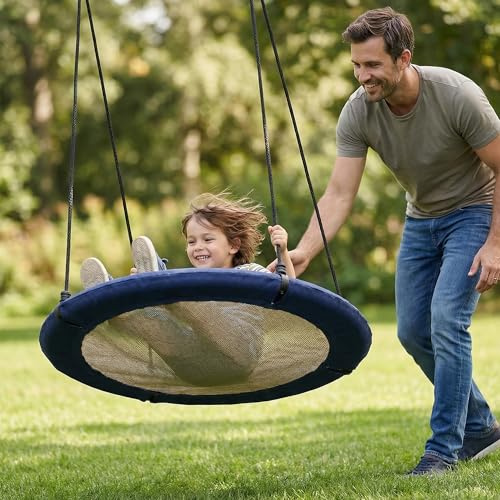 FRIEDO Nestschaukel Outdoor 110 cm bis 150 kg mit UV Schutz Bezug (blau) | UV-beständiger Bezug, Höhenverstellbar, Rostfreier Stahlrahmen, Kein Ausbleichen, Korbschaukel schnell montiert