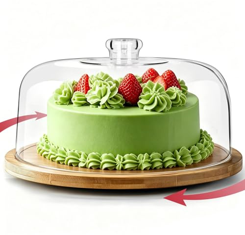 MASTERTOP Rotating Cake Stand with Dome Lid, 12 Wood Cake Display Plate | Food-grade Clear Acrylic Dome, Stable Cake Turntable, Ideal for Birthday Cake Icing,Cupcake Decorating,Cookie Craft Display