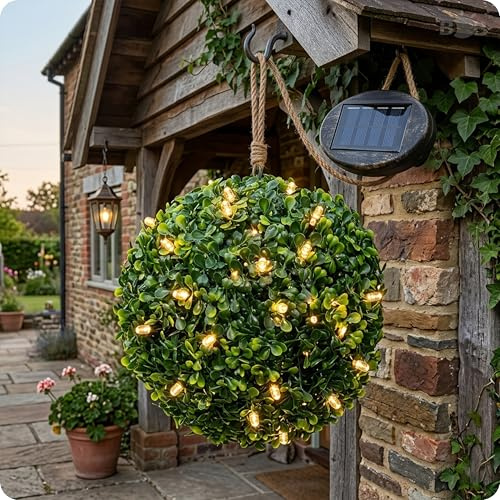 BrightBloom Solar Topiary Ball Lights 28cm with 20 LED – Hanging Artificial Topiaries Sphere Lights Outdoor, Waterproof Decorative Garden Lights for Wedding, Balcony, Patio & Backyard Decor (Green)