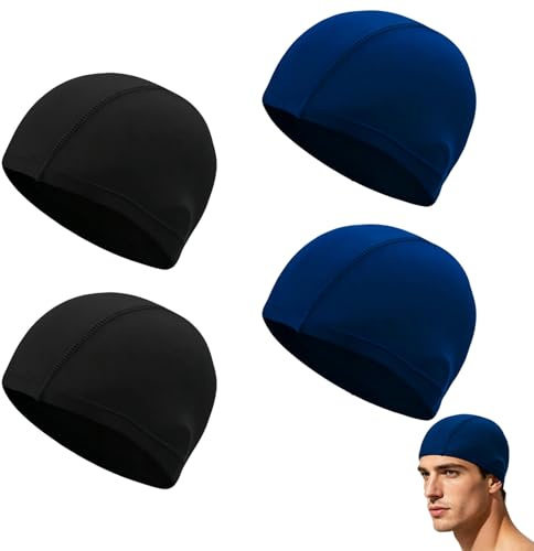 4 Piezas Gorro de Natación Hombre y Mujer, Gorro Piscina de Tela Elástica Negro y Azul Marino, Cómodo Antideslizante para Natación, Deportes Acuáticos y Ducha