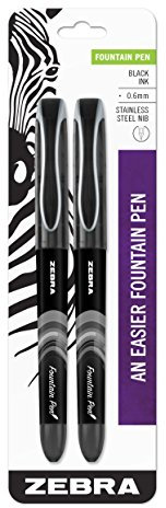 Zebra Fountain Pen, Fine Point, 0.6mm, Black, Non-Toxic Ink, 2-Count