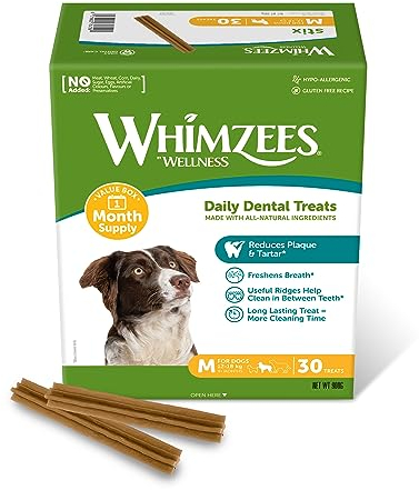 WHIMZEES By Wellness Stix, Kaustangen für mittelgroße Hunde zur Zahnpflege, Größe M, 30 Stück (Monatspackung), ohne Zuckerzusatz, getreidefrei, natürlich, fettarm