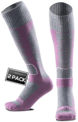 WEIERYA Calze Sci Uomo in Lana Merino - Calze da Sci per Uomo e Donna,Termiche, Antiscivolo, Ideali per Sci, Snowboard e Inverno,2 Paia,Viola,33-36