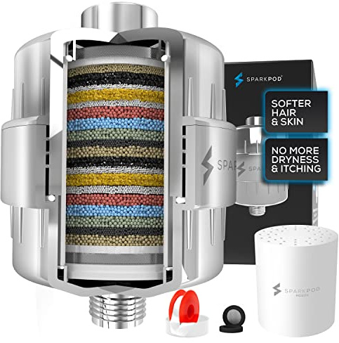 SparkPod High Output Shower Filter Capsule- Rejuvenates Skin and Hair Health (Reduces Eczema & Dandruff), Filters Chlorine, Heavy Metals and Impurities | 1-min Installation, (Chrome) | Removes Chlorine & Heavy Metals, Helps Improve Hard Water, with Activated Carbon and KDF-55 Layers, High Output