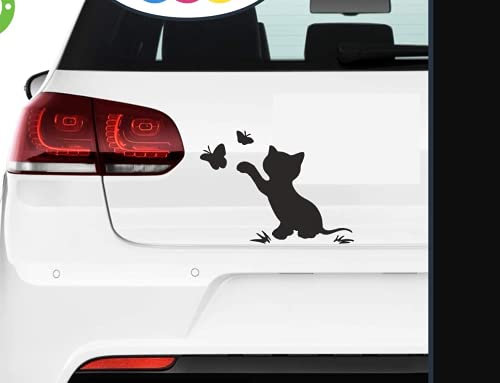 Adesivo Gatto Gattino con Farfalle, Sticker Cat per Porte, finestre, Mobili, Pareti, Muro, Auto, Moto, Camper, Tuning 15x20 cm (Nero o Bianco)