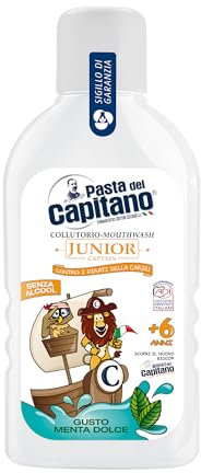Pasta del Capitano, Rince-bouche junior au goût menthe douce, sans alcool, empêche la formation de caries, idéal pour les enfants à partir de 6 ans, 100% fabriqué en Italie, flacon de 400 ml