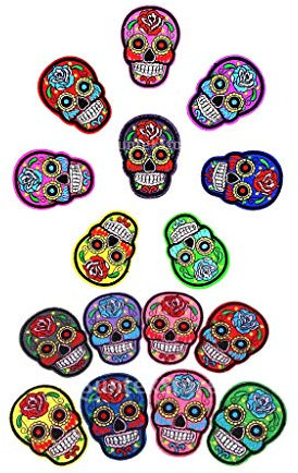 16 Pieces Iron On Patches DIY Fashion Flowered Skull Embroidered Patches Mexico Sugar Skull Motif Applique For Clothing Fabric Badges Sewing Patches