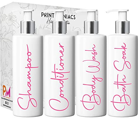 Print Maniacs Mrs Hinch Inspired White Personalised Pump Bottles Bathroom Kitchen Set Shampoo Conditioner Body Wash Bath Soak (F2) (Baby Pink)