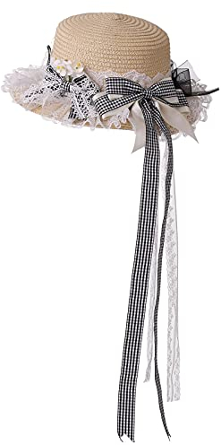 COSDREAMER Chapeau de paille avec nœud en dentelle pour filles et femmes (Noir/Blanc)