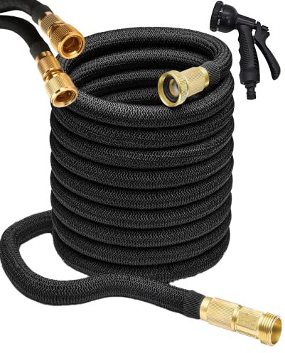 Expandable Garden Hose 100FT – Flexible Lightweight Water Hose with 10-Function Spray Gun & Solid Brass Fittings – Heavy Duty Leakproof Hose Pipe for Garden, Car Wash, Outdoor Use – Black