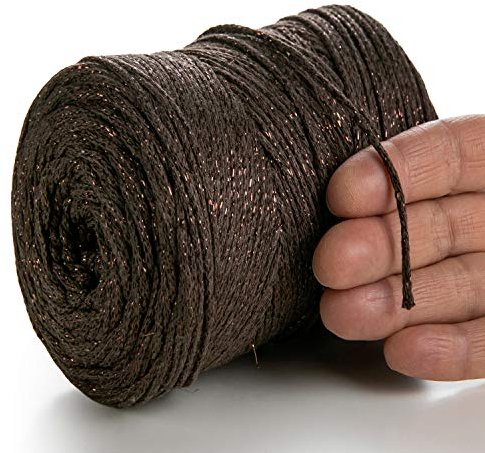 MeriWoolArt® Metallische Makramee Garn 2mm x 225m Farbig für Schnur Schmuckherstellung, Makramee Accessoires Schmuck - Boho Makramee Seil Garn - Glanz Lurex Recyceltes Baumwollgarn (Lurex Braun)