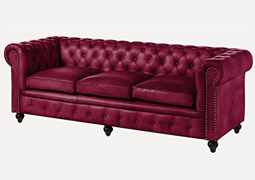 MASSIVMOEBEL24.DE | Chesterfield Sofa 3-Sitzer aus Echtleder #403 | aus echtem Büffel-Leder - Rot | 216x82x75 cm | mit Nieten | Couch Polstercouch 3er Sitzer