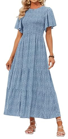 ZESICA Vestido Largo Casual de Verano 2024 con Estampado Floral, Manga Corta, Cuello Redondo, Cintura Alta Fruncida, Fluido, Azul, M
