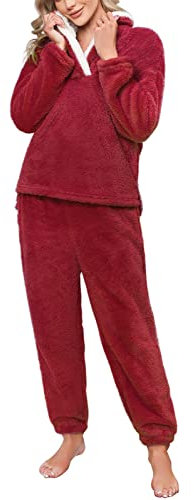 Niwicee Pigiami Due Pezzi da Donna Pigiama Donna Pile Set Invernale in Velluto Super Morbido Set Lounge Sleepwear Sets Sleepwear Soft Accappatoio Winter-C-Vino Rosso-L