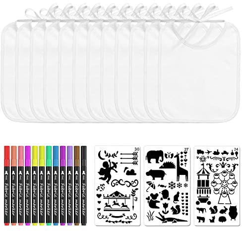 12 Stück Lätzchen zum Bemalen, mit 12 Farbigem Farbigem Textilstiften und 3 Malen Schablonen, Doppelseitiges Babylätzchen, Weiße Lätzchen Bemalen, Geschenk für Babyshower Party DIY (22 x 18 cm)